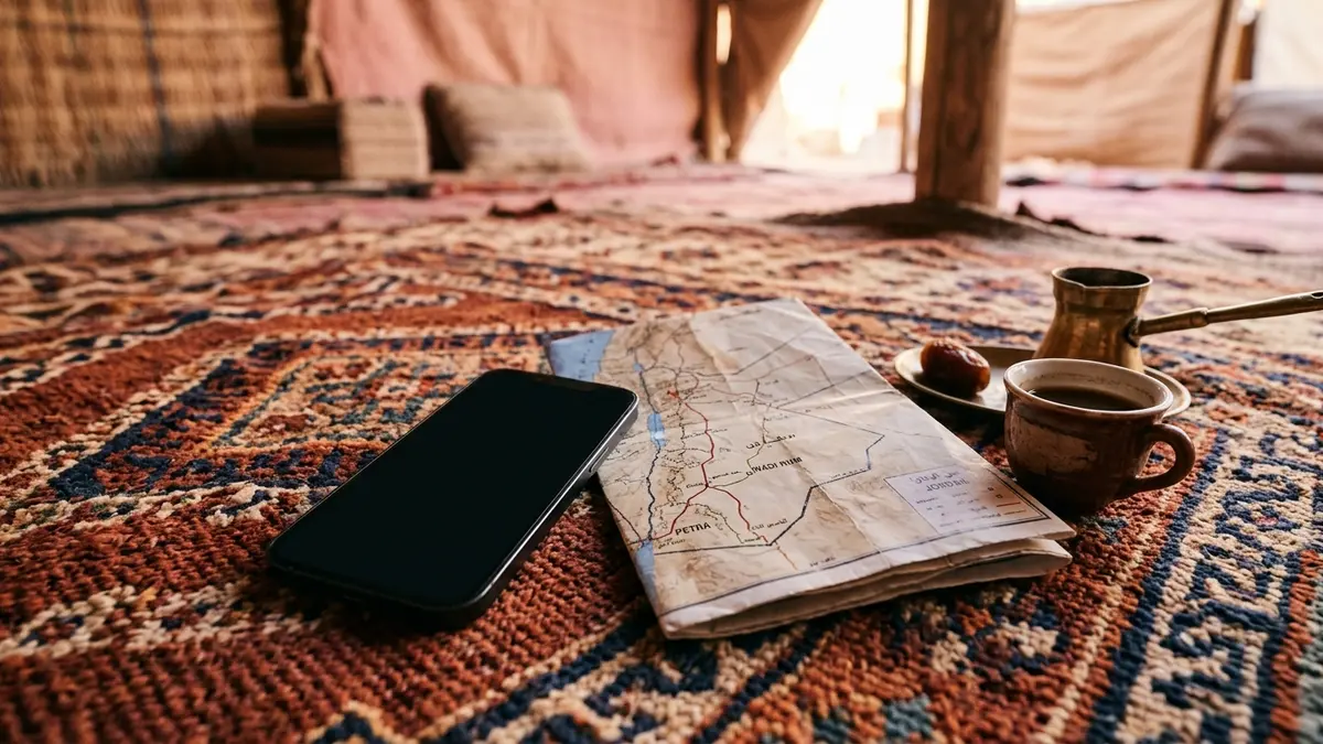 هاتف بجانب خريطة سفر وفنجان قهوة عربية على بساط بدوي