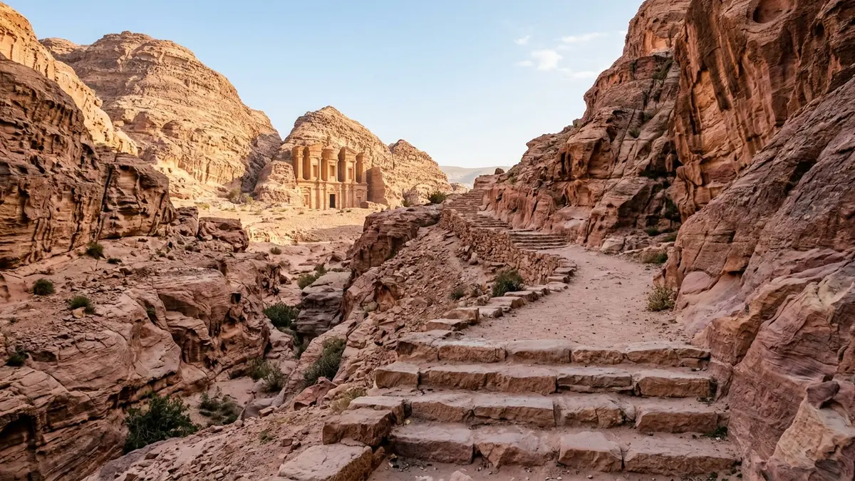 درب حجري بين جبال البترا الرملية باتجاه الدير