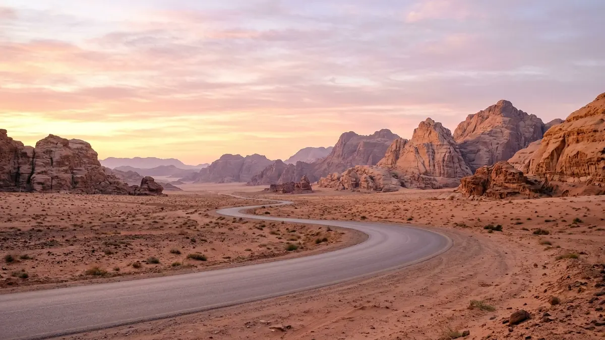 شروق الشمس فوق طريق صحراوي في وسط الأردن