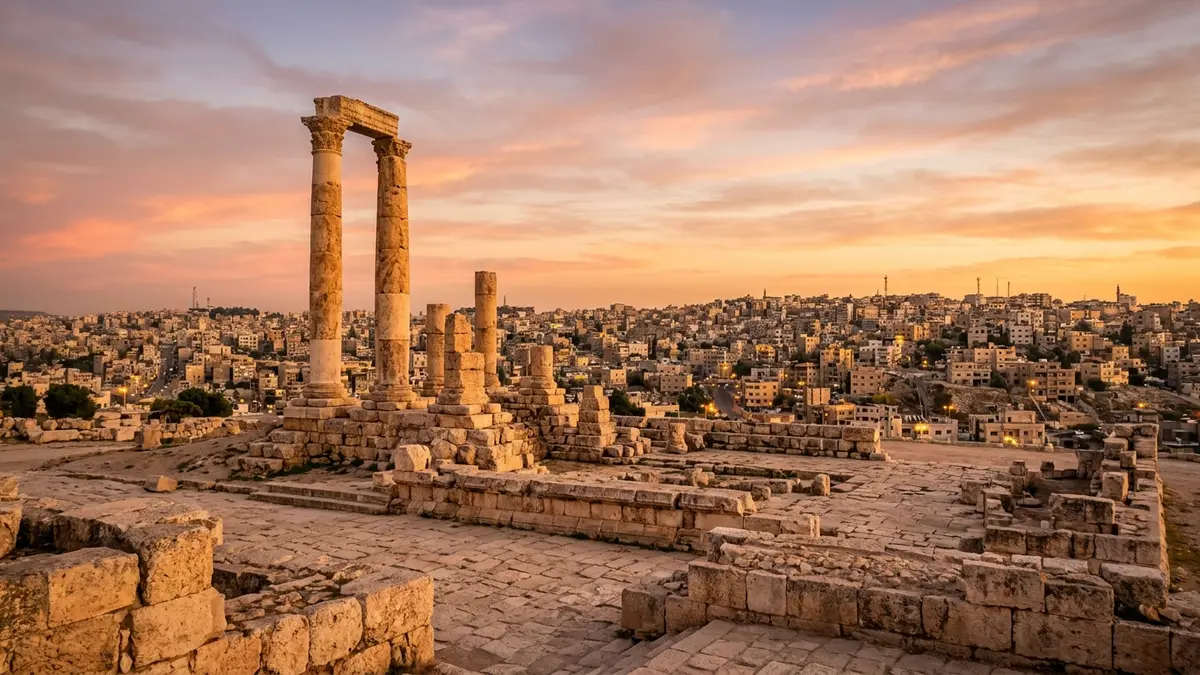 Temple of Hercules columns on the Amman Citadel at sunset