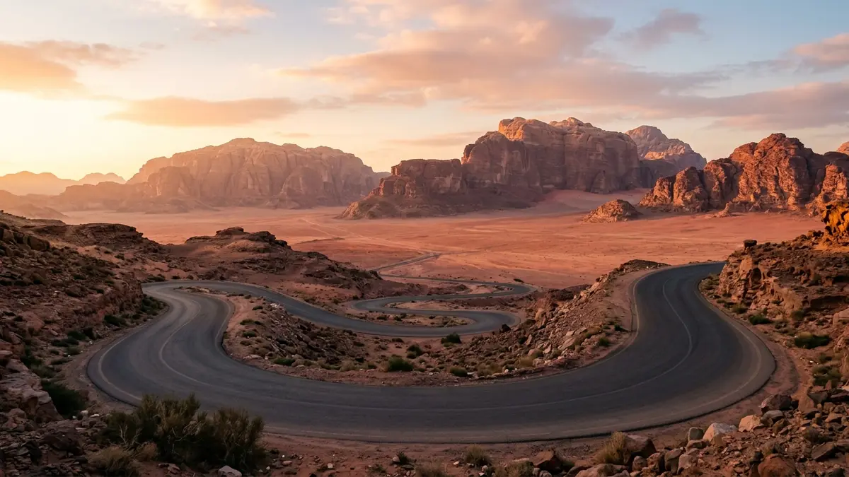 A road winding down toward the mountains of Wadi Rum