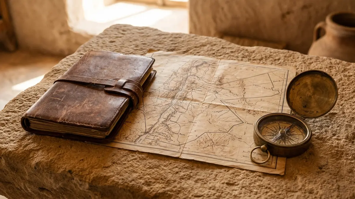 A travel notebook, map and compass on a sand-coloured table