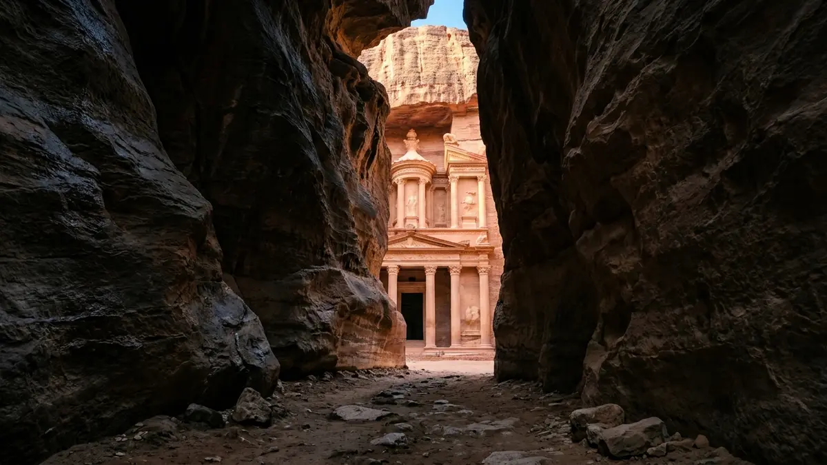 The Treasury in Petra framed by the walls of the Siq