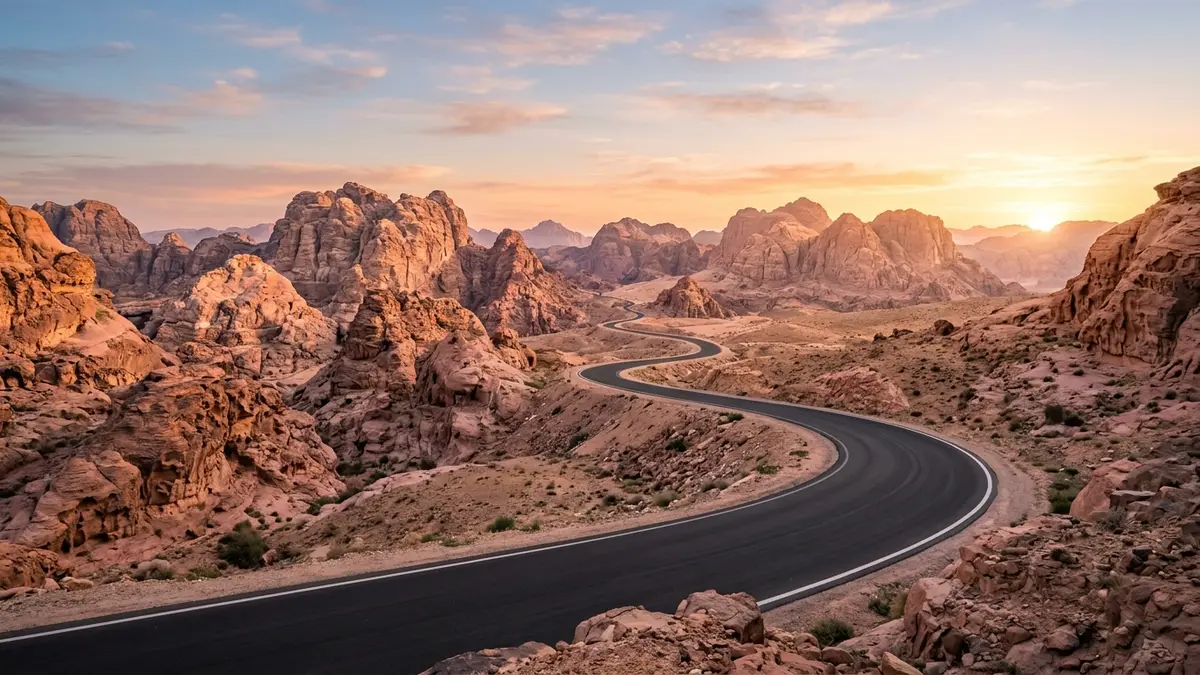An empty desert road through southern Jordan at sunrise